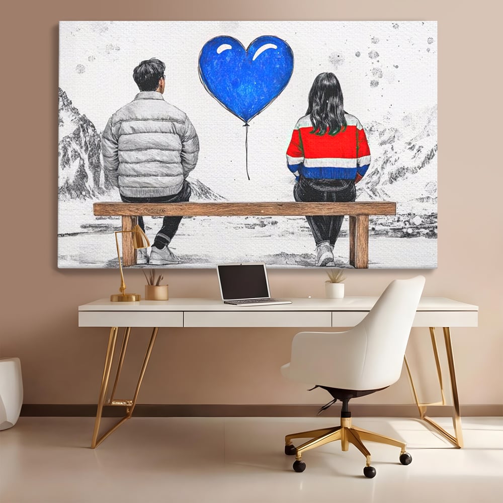 Tablou canvas cu ilustratie cu doi tineri pe banca, fara rama, pe sasiu de lemn, pe perete intr-un birou